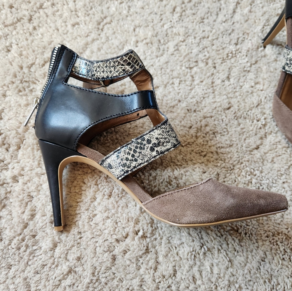 Dolce Vita Snake skin, black, and brown suede heels